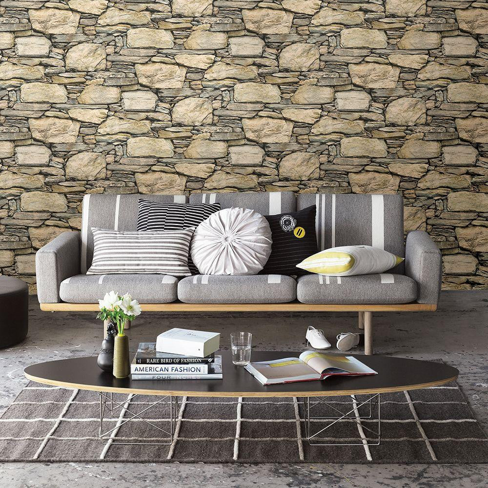 Stone tile wallpaper wall Profhome 914224-GU non-woven wallpaper smooth  with nature-inspired pattern matt grey black 5.33 m2 (57 ft2) | Profhome  Shop